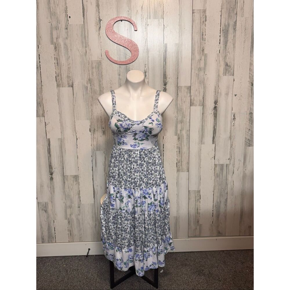 Almost Famous Blue Floral Tiered Midi Dress Women’s Small – Cottagecore Summer D
